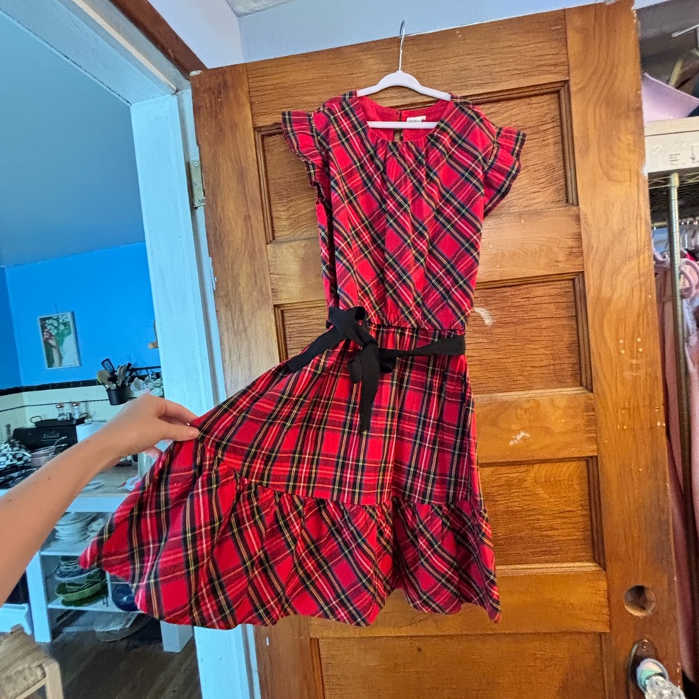 NWOT J Crew Crewcuts Red Tartan Plaid Kids Dress with Black bow Belt Christmas
